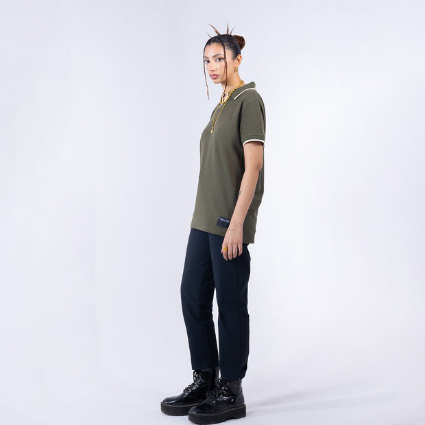 Knit Exclusive White Border Polo Olive